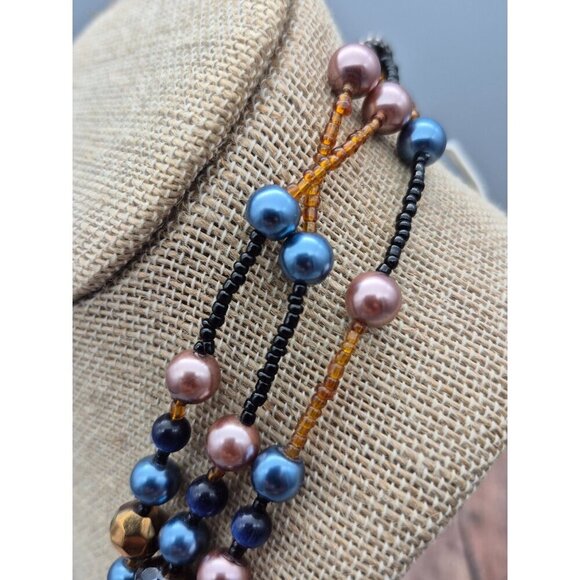 Pretty Esmor Multi Strand Glass Bead Necklace Jewel Tones Blue Gold 22" - Picture 7 of 10